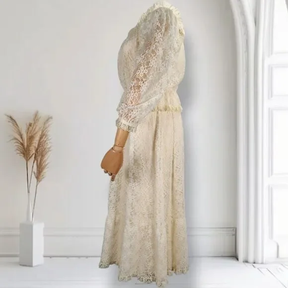 Vintage 70s Lace Puff Sleeve Midi Dress Size 4 Boho Wedding Cocktail - Picture 4 of 14